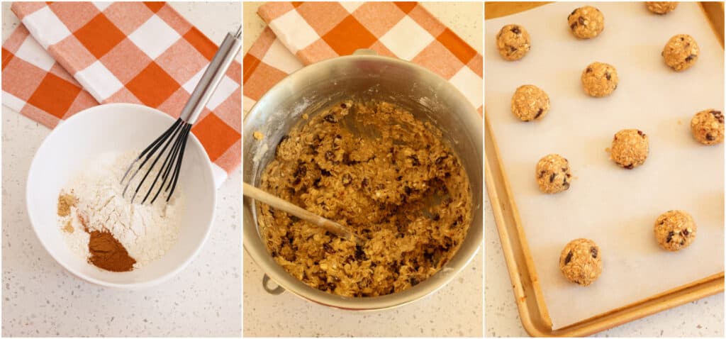 Some of the steps for making oatmeal raisin cookies. In a medium bowl, whisk together your flour, baking soda, ground cinnamon, and salt.

Using an electric mixer or a stand mixer with a paddle attachment, cream the butter with the granulated and brown sugar. Beat in the eggs and vanilla until combined. Turn the mixer to low (or stir) and add the dry ingredients, mixing until combined. Stir in the raisins and oats.

Using a 1 1/2 tablespoon scoop, roll the cookie dough into balls and place on a parchment paper-covered baking sheet with 2 inches of space between the cookie dough balls.