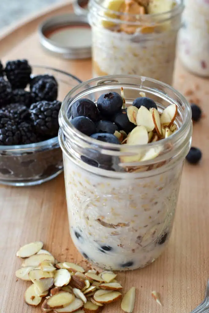Overnight Steel Cut Oats with blueberries, almonds, and flax seed