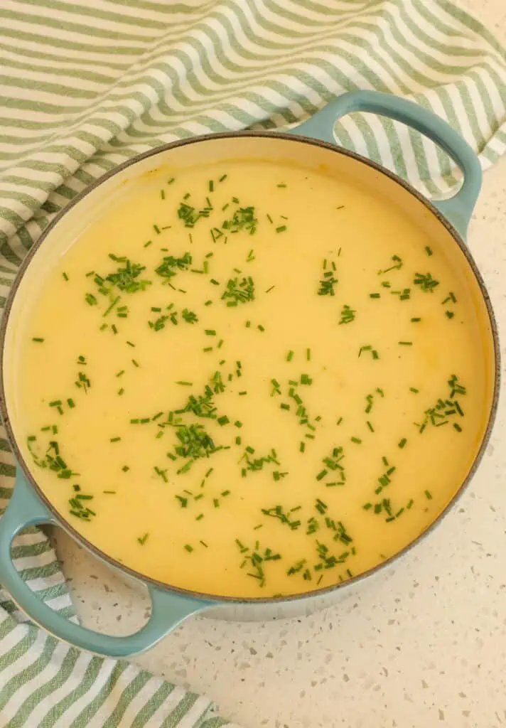 Enjoy this delicious Potato Leek soup with a simple garden salad tossed with a light vinaigrette and French baguettes with soft sweet cream butter. 