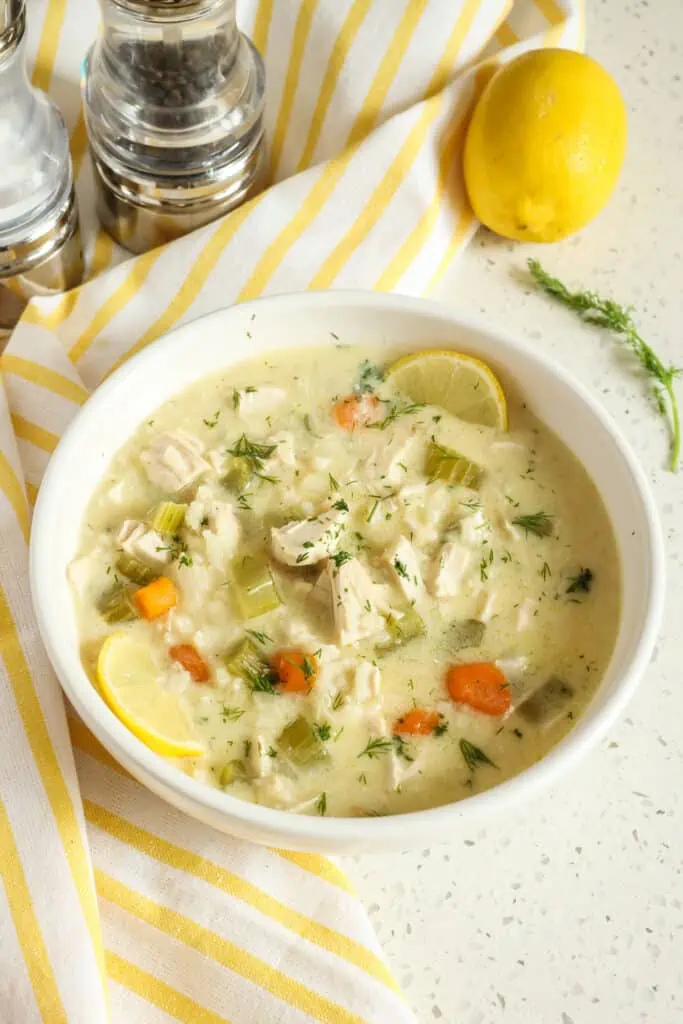 This Avgolemono Soup, also known as Greek Lemon Chicken Soup, is fresh vegetables combined with Arborio Rice and chicken in a smooth lemon chicken broth that has been thickened with eggs and seasoned with fresh dill.