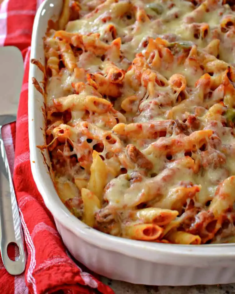 Baked Mostaccioli combines Italian sausage, peppers, onions and marinara all blanketed in mozzarella and provolone cheese. 