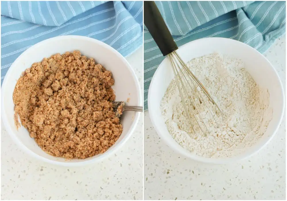 Prepare the streusel topping and flour mixture for the batter. 