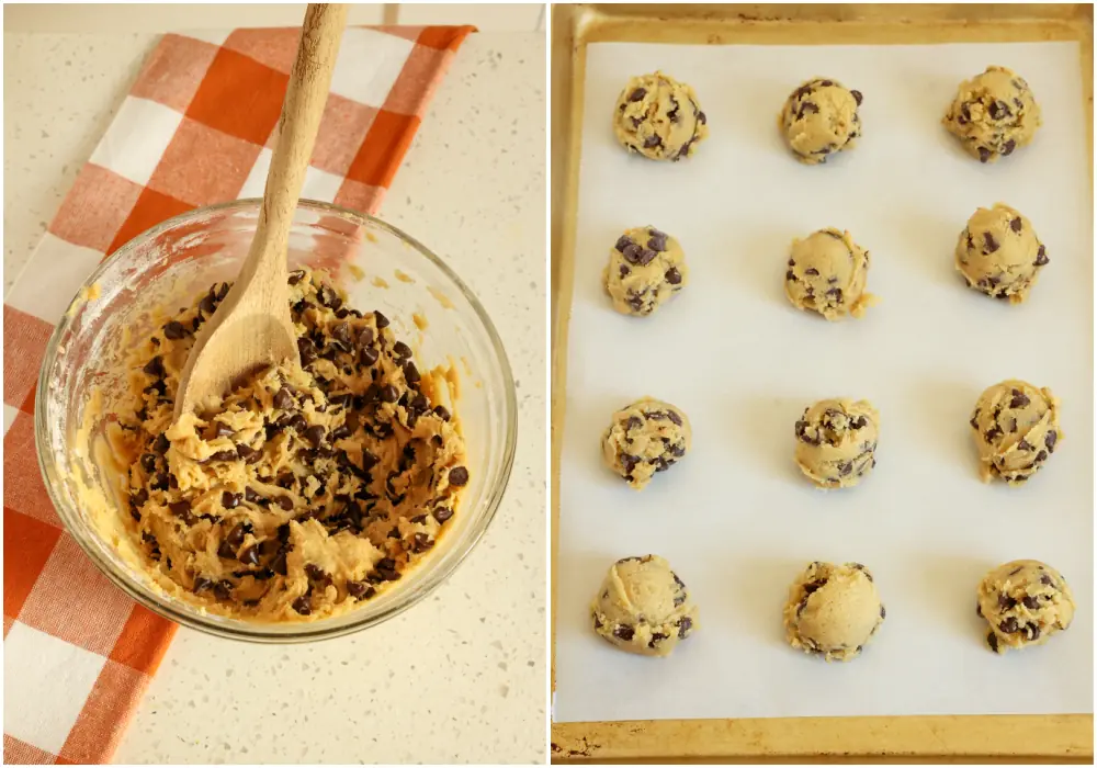 Use a 1 1/2 tablespoon scoop to place the cookie dough balls on a parchment-covered baking sheet with at least 2 inches between them.