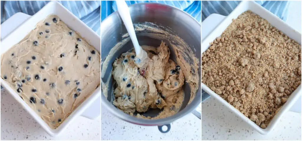 Fold in the blueberries and spoon it into the baking pan.  Then top with the streusel topping.  