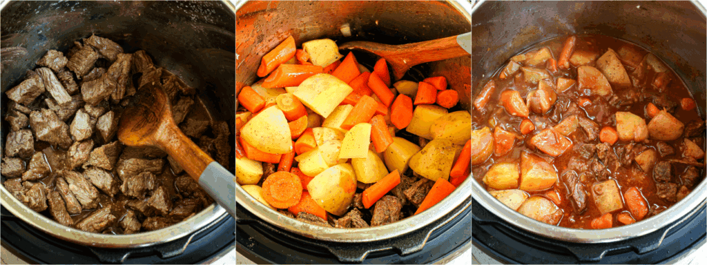 How to make instant pot beef stew. Season the beef and brown the beef in the Instant Pot. Remove the beef to a plate and cover to keep warm. Sauté the onion, garlic, tomato paste, Worcestershire sauce, smoked paprika, and thyme. 
Add the cooked beef, carrots, potatoes, and beef broth. Seal the pot and pressure cook. Naturally release the pressure for 10 minutes and then do a quick release. Mix the cornstarch and water. Gently stir it into the instant pot until slightly thickened.