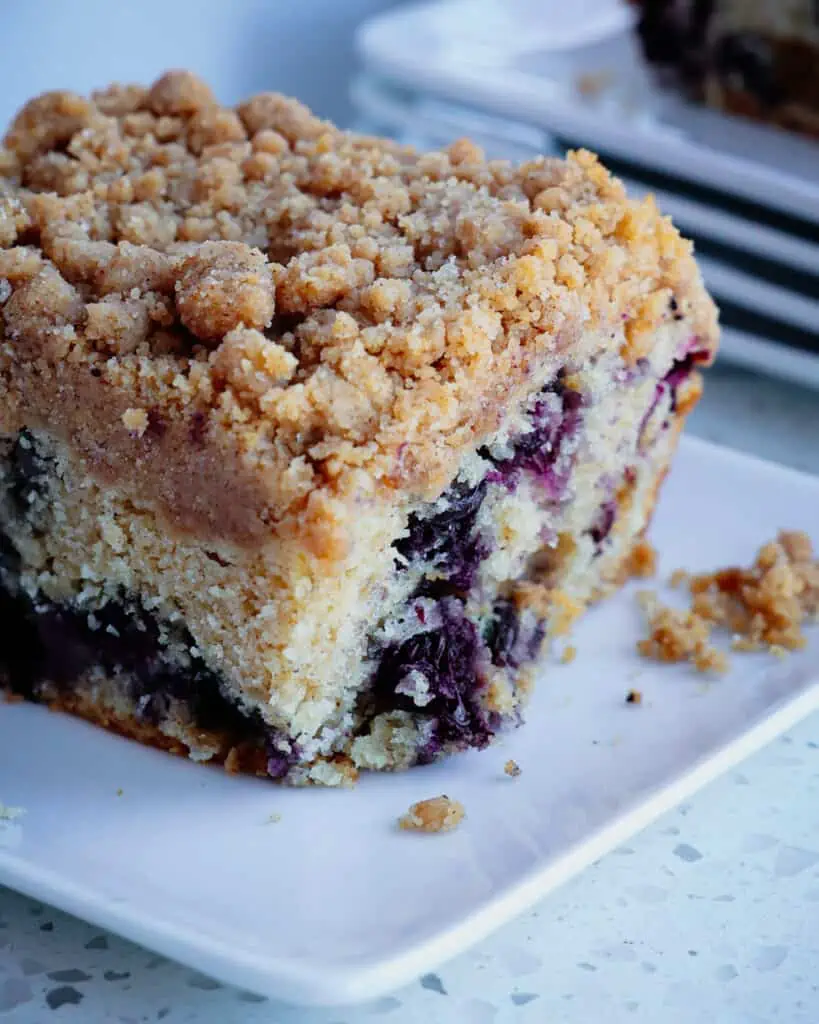 Blueberry Buckle coffee cake is a buttery vanilla cake dotted with fresh blueberries and topped with a sweet cinnamon crumbly streusel topping. 