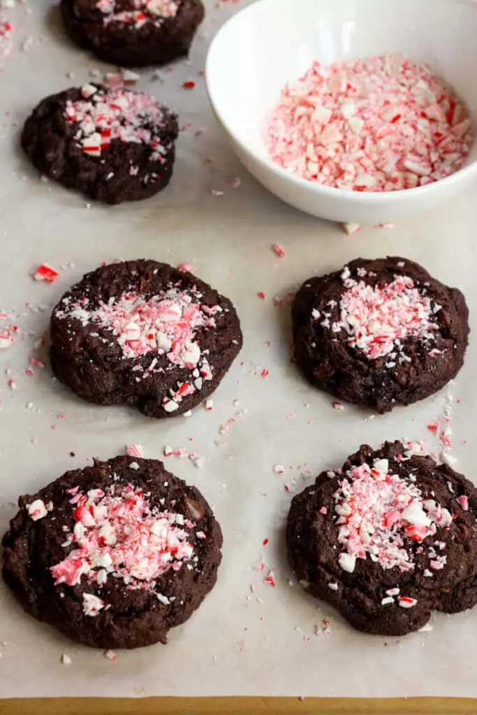 Rich double Chocolate Peppermint Cookies with semisweet chocolate chips and cool peppermint all topped with crushed candy canes just in time for the holidays. 