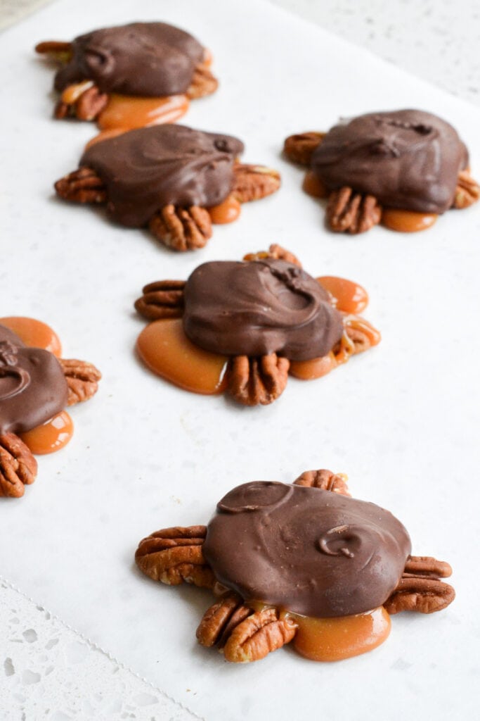 Delicious Homemade Turtles candies are made super easy using microwave caramel.  Perfect for parties, holiday gift giving, and hostess presents.