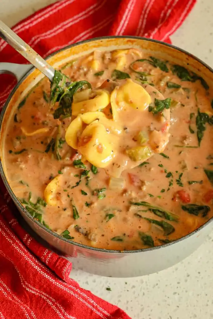 Quick and easy Creamy Tortellini soup is made with Italian Sausage, onions, celery, carrots, spinach, and cheese tortellini in a rich and creamy tomato based broth.  