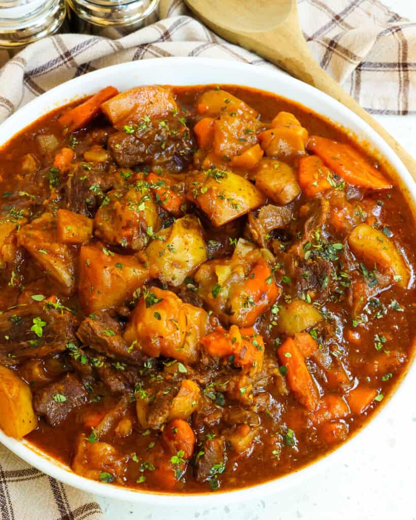 A close up view of instant pot beef stew. 