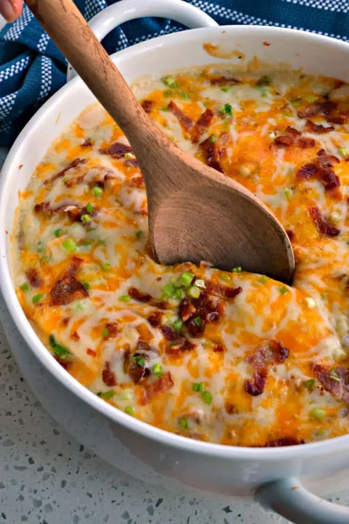 Puffy potato dumpling casserole with alfredo sauce, bacon and oodles of cheese. 