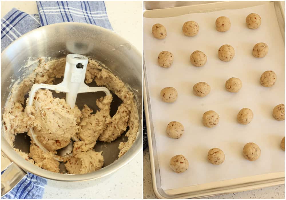 Using a 1-tablespoon scoop, roll the cookies into balls and place them on a parchment-covered baking sheet with a little space between them.