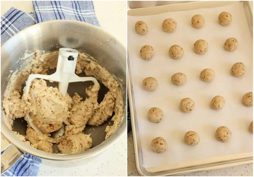 Using a 1-tablespoon scoop, roll the cookies into balls and place them on a parchment-covered baking sheet with a little space between them.