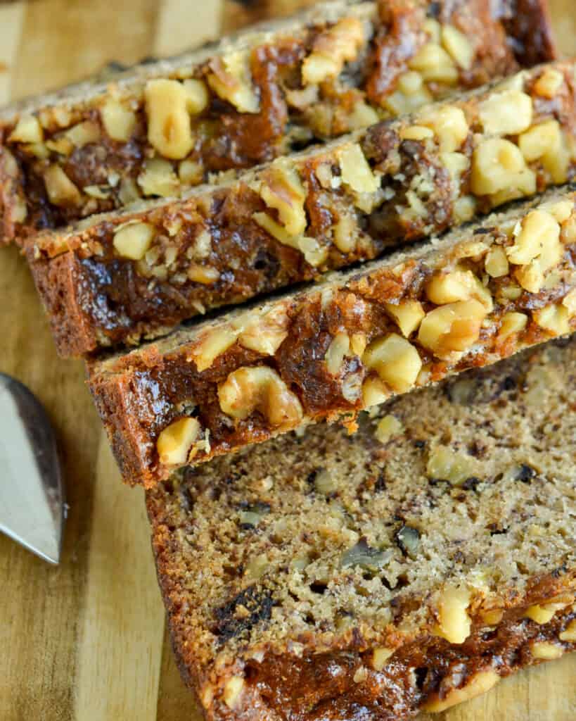 An easy, moist banana nut bread with chopped walnuts and a hint of cinnamon that is prepped and in the oven in about ten minutes.