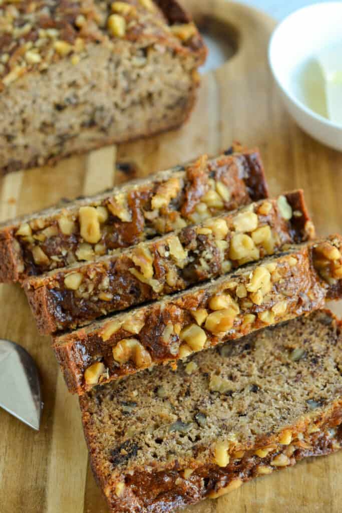 This scrumptious Banana Nut Bread is so moist with just the right amount of banana flavor, walnuts, and a touch of cinnamon. 