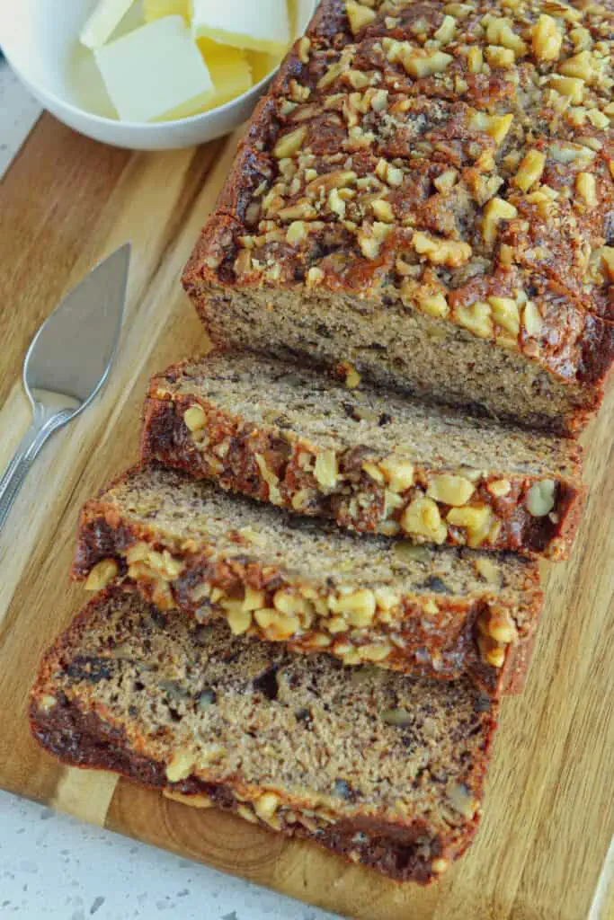 In about ten minutes, you too, can have this banana nut bread prepped and in the oven.