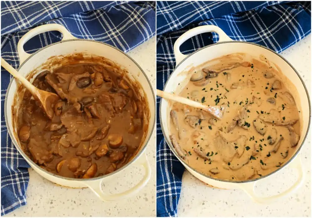 The beef is added back to the pot with the mushrooms and stroganoff sauce. The same pot with the sour cream stirred into the mixture. 