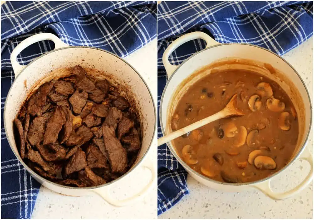 A pot full of browned beef. The same pot with mushrooms and stroganoff sauce. 