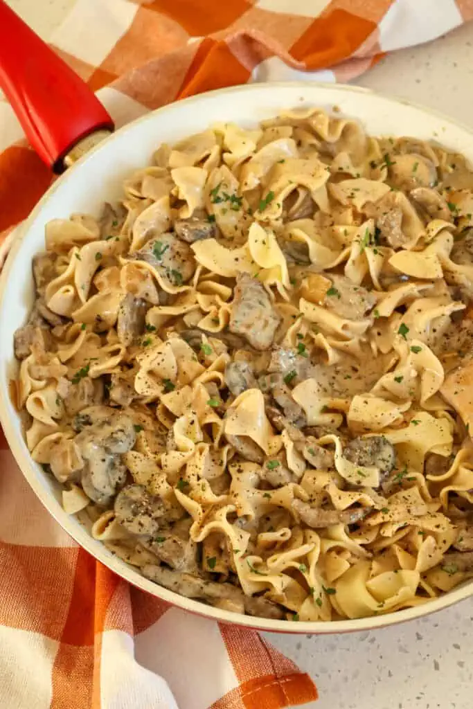 A large skillet full of homemade beef stroganoff