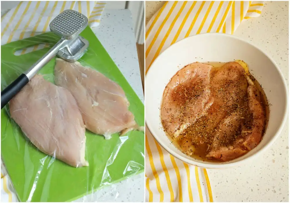 First, pound the chicken breasts and then marinate them in your favorite homemade or bottled Italian dressing.