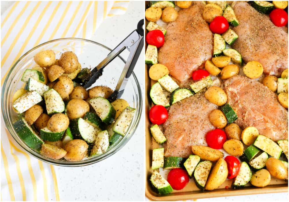 Arrange the vegetables around the chicken breasts on the baking sheet. Sprinkle with salt or seasoned salt and freshly ground black pepper over the chicken and veggies.