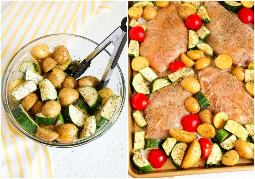 Arrange the vegetables around the chicken breasts on the baking sheet. Sprinkle with salt or seasoned salt and freshly ground black pepper over the chicken and veggies. 