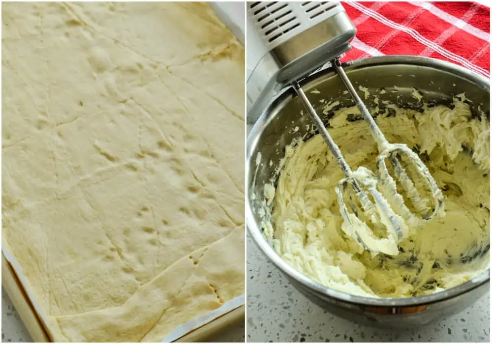 Spread the crescent rolls in the baking sheet and mix the cream cheese. 