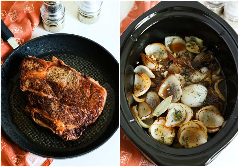 How to make slow cooker pot roast. Brown the chuck roast in a skillet. Add the browned beef, onion mixture, beef broth, wine if using, Worcestershire sauce, rosemary, thyme, and bay leaves to the crock pot.