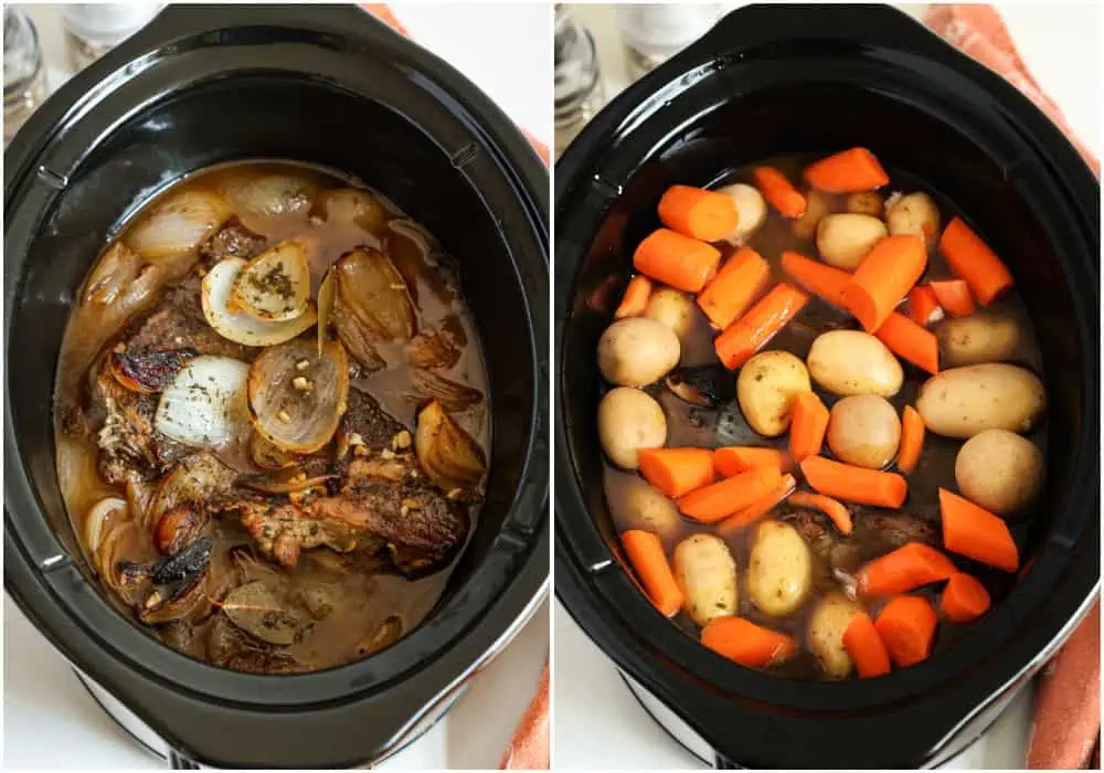 How to make slow cooker pot roast. Add the browned beef, onion mixture, beef broth, wine if using, Worcestershire sauce, rosemary, thyme, and bay leaves to the crock pot. Cook for 2 hours. Add the carrots and potatoes and cook on high for an additional 2-3 hours. 