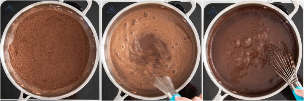 Some of the steps for making chocolate pudding. Mix the brown sugar, cornstarch, salt, and cocoa powder in a medium bowl. Now, for best results, run it through a sifter to break up any lumps. Add it to a medium saucepan or pot as you run it through the sifter. Now, whisk the milk into the mixture over medium heat. Continue whisking and stirring to ensure you get all the pan's inside edges. I alternate between the whisk and spoon to make it creamy and ensure it does not stick or scorch to the bottom of the pan. Bring it to a full boil, then reduce it to a simmer and cook for about 2 minutes or until thickened, whisking and stirring