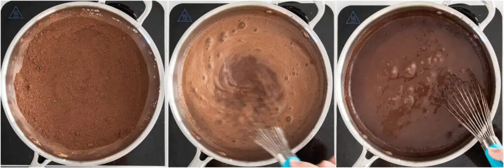 Some of the steps for making chocolate pudding. Mix the brown sugar, cornstarch, salt, and cocoa powder in a medium bowl. Now, for best results, run it through a sifter to break up any lumps. Add it to a medium saucepan or pot as you run it through the sifter. Now, whisk the milk into the mixture over medium heat. Continue whisking and stirring to ensure you get all the pan's inside edges. I alternate between the whisk and spoon to make it creamy and ensure it does not stick or scorch to the bottom of the pan. Bring it to a full boil, then reduce it to a simmer and cook for about 2 minutes or until thickened, whisking and stirring