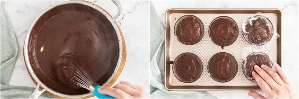 Some of the steps for making chocolate pudding. Remove from the heat and stir in the butter and vanilla. Pour the pudding into a bowl and press a piece of plastic wrap directly onto the surface of the pudding. 