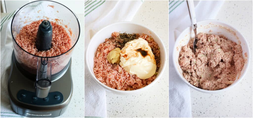 Some of the steps to making deviled ham. Add the cubes to the belly of a food processor and pulse in several short spurts until the meat is finely chopped or minced but not pureed. For me, that usually is about ten short spurts with the pulse button. Add the chopped onions and celery and pulse a couple more times.

Add the ham to a bowl with the mayonnaise, Dijon mustard, Worcestershire Sauce, hot sauce, and black pepper. Stir to combine and cover the bowl with plastic wrap and chill for 1-2 hours before serving.