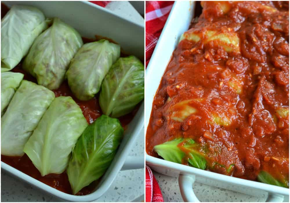 Place cabbage rolls seam-side down in a single layer in the casserole dish. Repeat until all the cabbage rolls are stuffed. Pour the remaining sauce over the cabbage rolls.