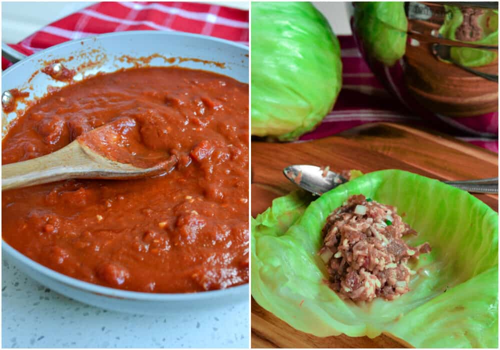 Make the tomato sauce in a skillet on the stovetop and prepare the meat filling for the cabbage. 