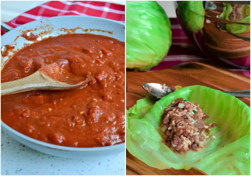 Make the tomato sauce in a skillet on the stovetop and prepare the meat filling for the cabbage.