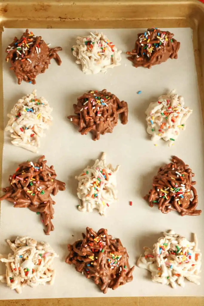 Work quickly as the chocolate sets up fast. If using sprinkles, add them as you go before the chocolate sets up. 