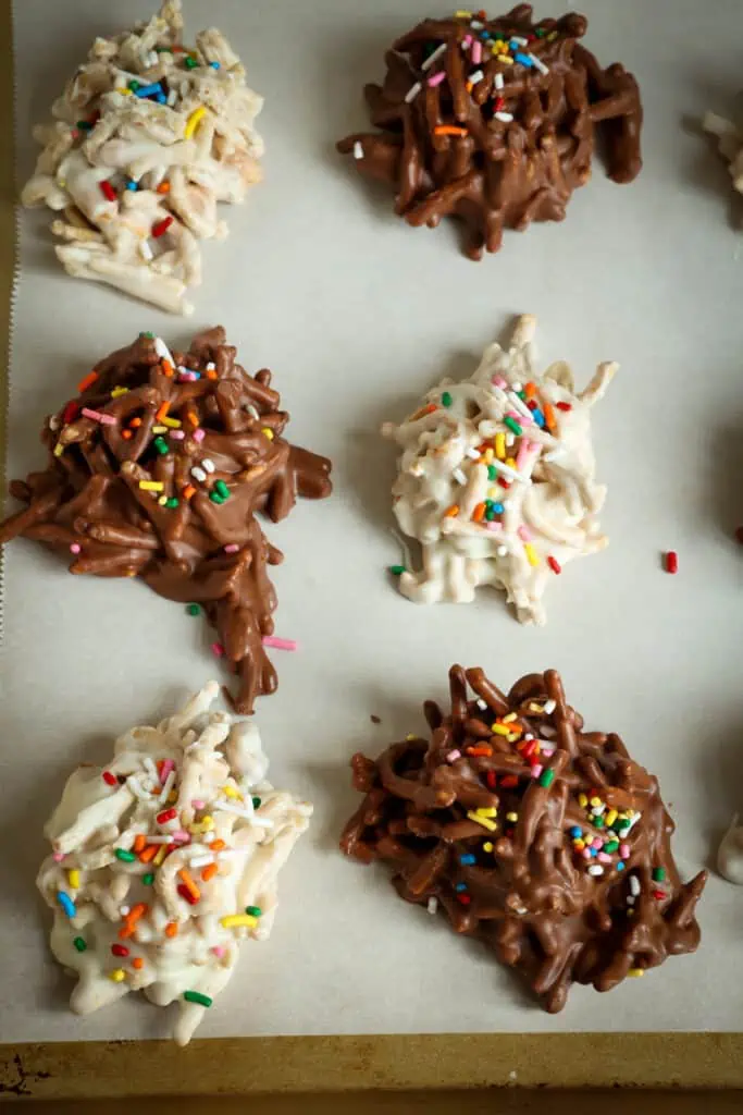 These fun and festive no-bake Haystack Cookies are made with a handful of common ingredients in less than ten minutes and are customizable for any special occasion or holiday with different sprinkles. 