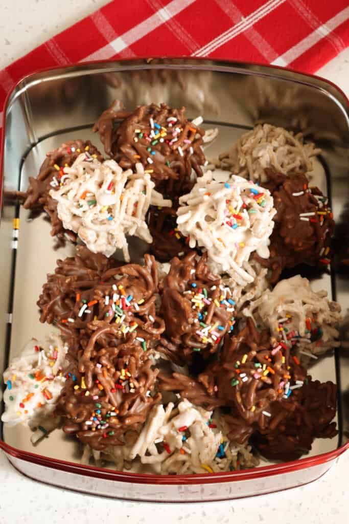 These fun and festive no-bake Haystack Cookies are made with a handful of common ingredients in less than ten minutes and are customizable for any special occasion or holiday with different sprinkles.