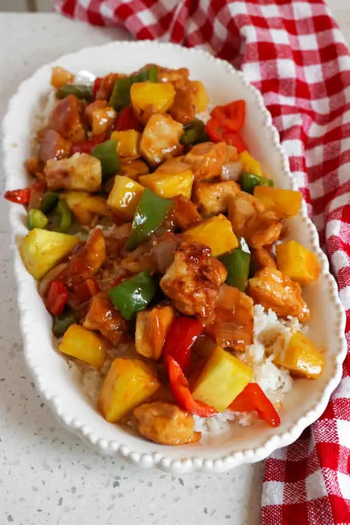 You can pull this Sweet and Sour chicken together in about thirty minutes. It is a tasty dish all by itself, but you can serve it over rice or Chinese noodles.