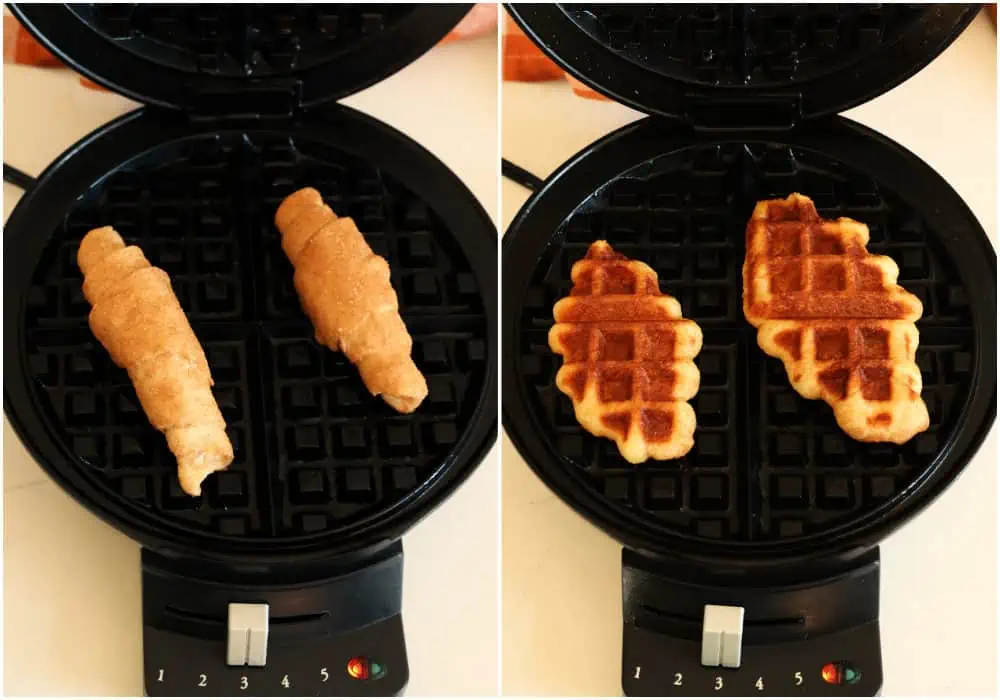 Place one or two of the sugared crescent rolls on your waffle iron (depending on its size) and close the lid. Cook for 1 1/2-3 minutes or until golden brown.