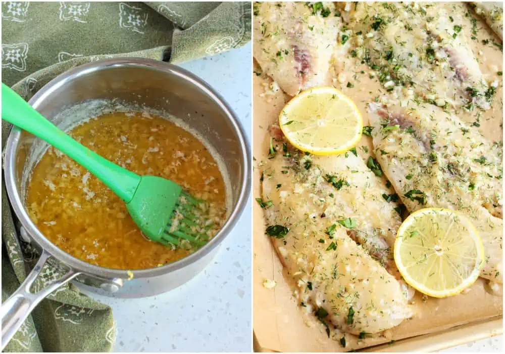 Some of the steps to preparing baked tilapia. Prepare the butter mixture and lather it on the fish filets before baking. 