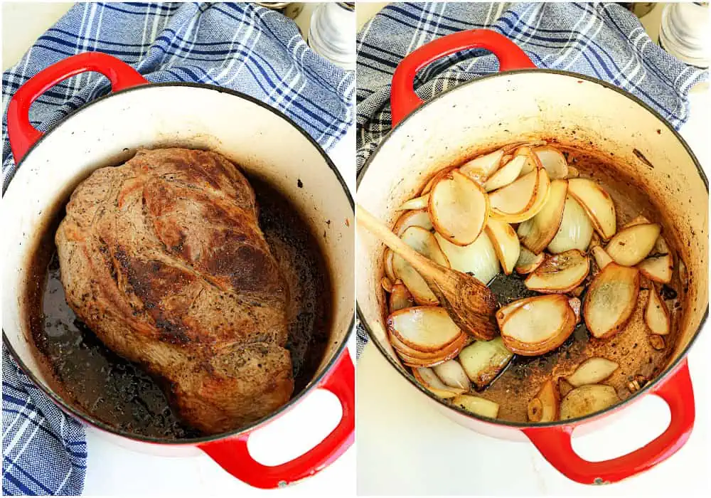 Simply brown the chuck roast, sauté the onions and garlic for the flavor base, and deglaze the pot with a little red wine and beef broth. 