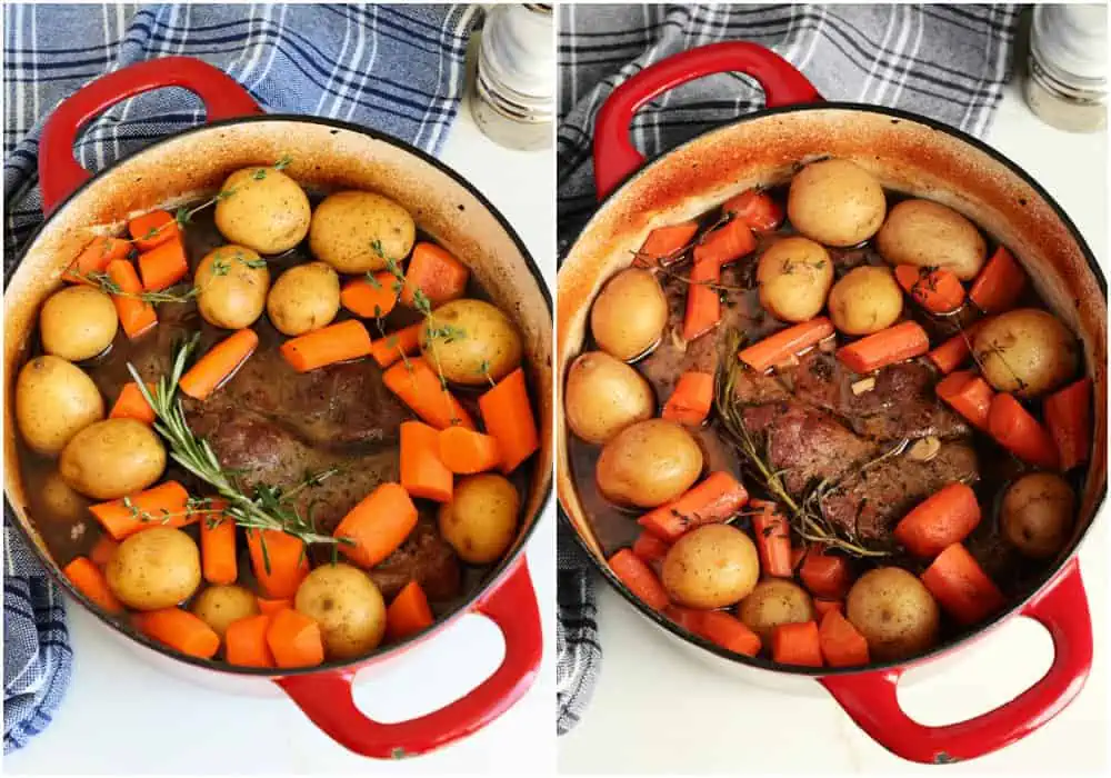 Bake for about 2 hours, then add the potatoes and carrots and cook for about another hour or until the roast and vegetables are tender. Fish out and discard the bay leaves.