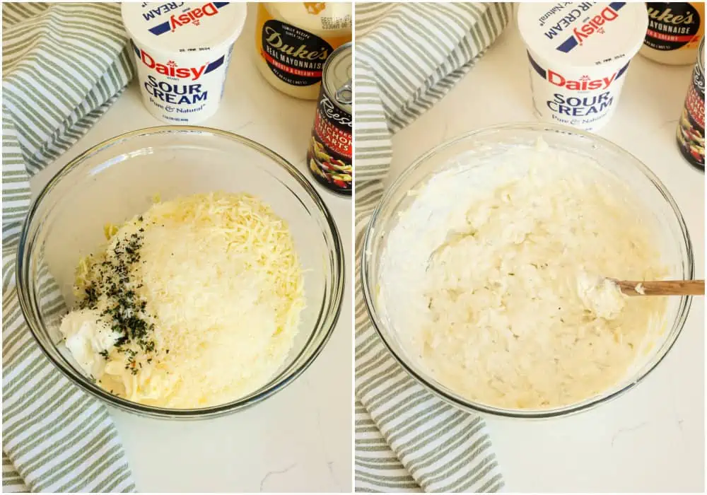 Combine the artichoke hearts, cream cheese, mayonnaise, sour cream, minced garlic, Parmesan cheese, mozzarella cheese, black pepper, and thyme in a large bowl. 
