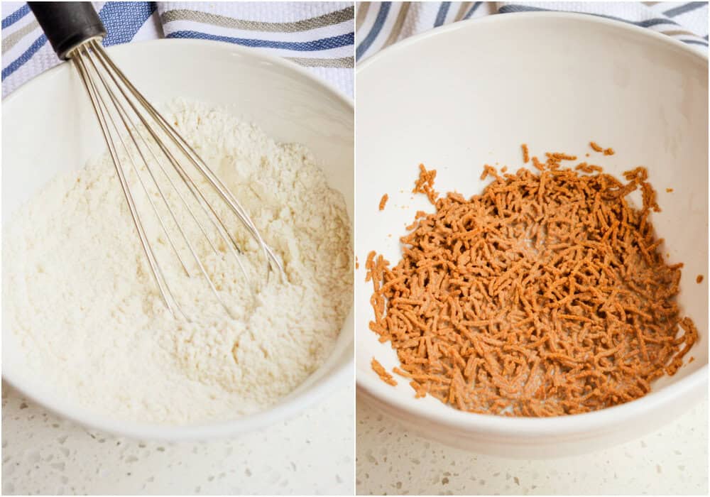 Some of the steps for making bran muffins. Whisk the flour, baking powder, baking soda, and salt in a small bowl and set aside for about 15 minutes. Then, in a large bowl, soak the bran cereal in the buttermilk for about 10 minutes.