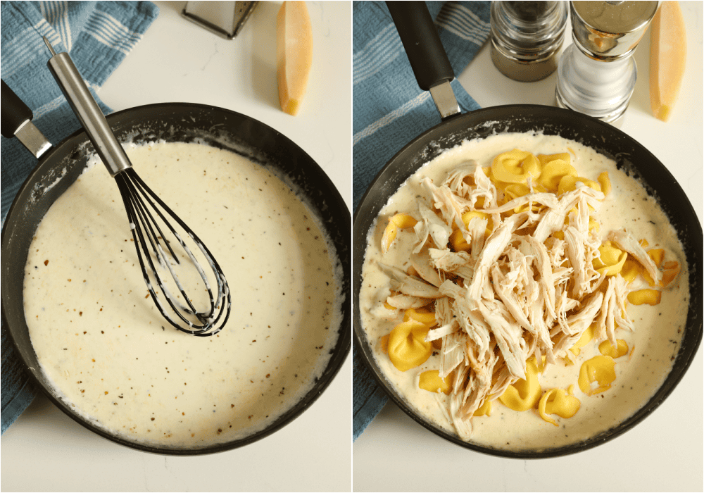 How to make chicken tortellini alfredo. Melt the butter in a large skillet or saucepan over medium-low heat. Add the garlic and cook for 1 minute. Whisk in the cream and Italian seasoning. Simmer until slightly thickened, but do not boil. Reduce the heat to low and stir in the Parmesan Cheese until melted. Add the cooked cheese tortellini and shredded chicken.