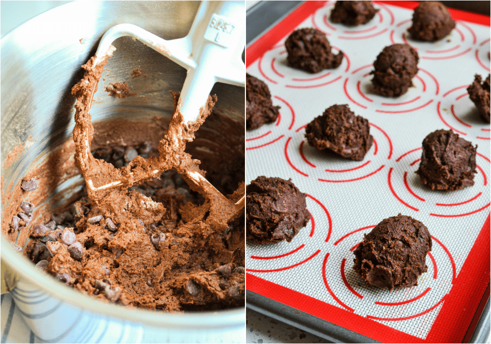 Some of the steps to making double chocolate chip cookies. Whisk together the flour, cocoa powder, baking powder, baking soda, and salt. Set it aside. 
Cream the butter with both sugars until light and fluffy. 
Add the eggs and the vanilla and mix just until incorporated. Mix in the dry ingredients. Drop the rounded dough onto the prepared baking sheet.