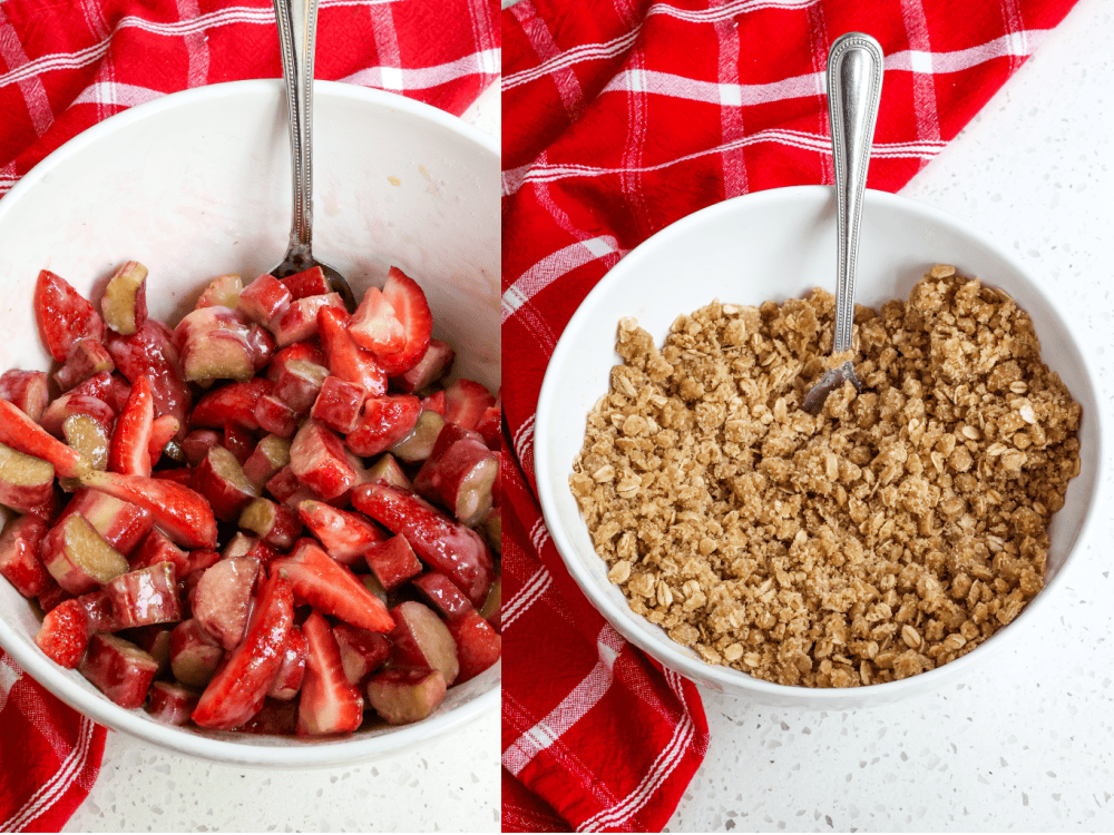 In a large bowl, mix strawberries, rhubarb, flour, sugar, and salt. Spoon into a baking dish. In a medium bowl, combine brown sugar, remaining flour, softened butter, rolled oats, and cinnamon. Using a pastry knife or fork, cut in the butter until the mixture is crumbly.