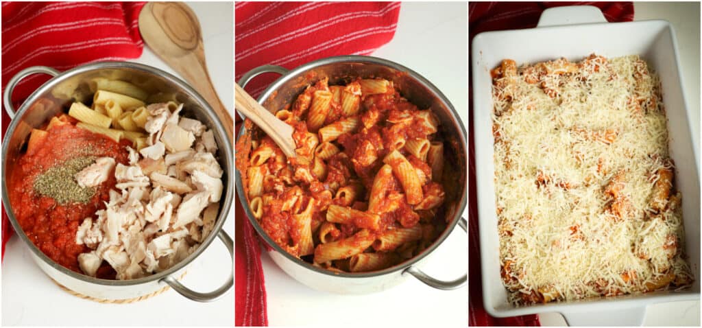Some of the steps to making chicken parmesan casserole. Add the marinara, Italian seasoning, and cooked chicken to the cooked pasta and stir to combine. Layer half of the pasta mixture in a baking dish, then top with half of the mozzarella and half of the Parmesan.